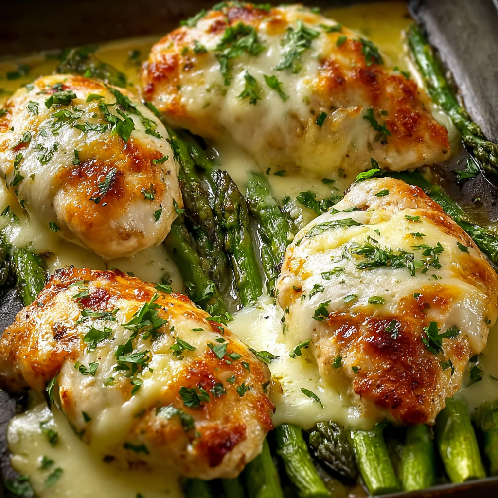 Chicken with cheese and asparagus.