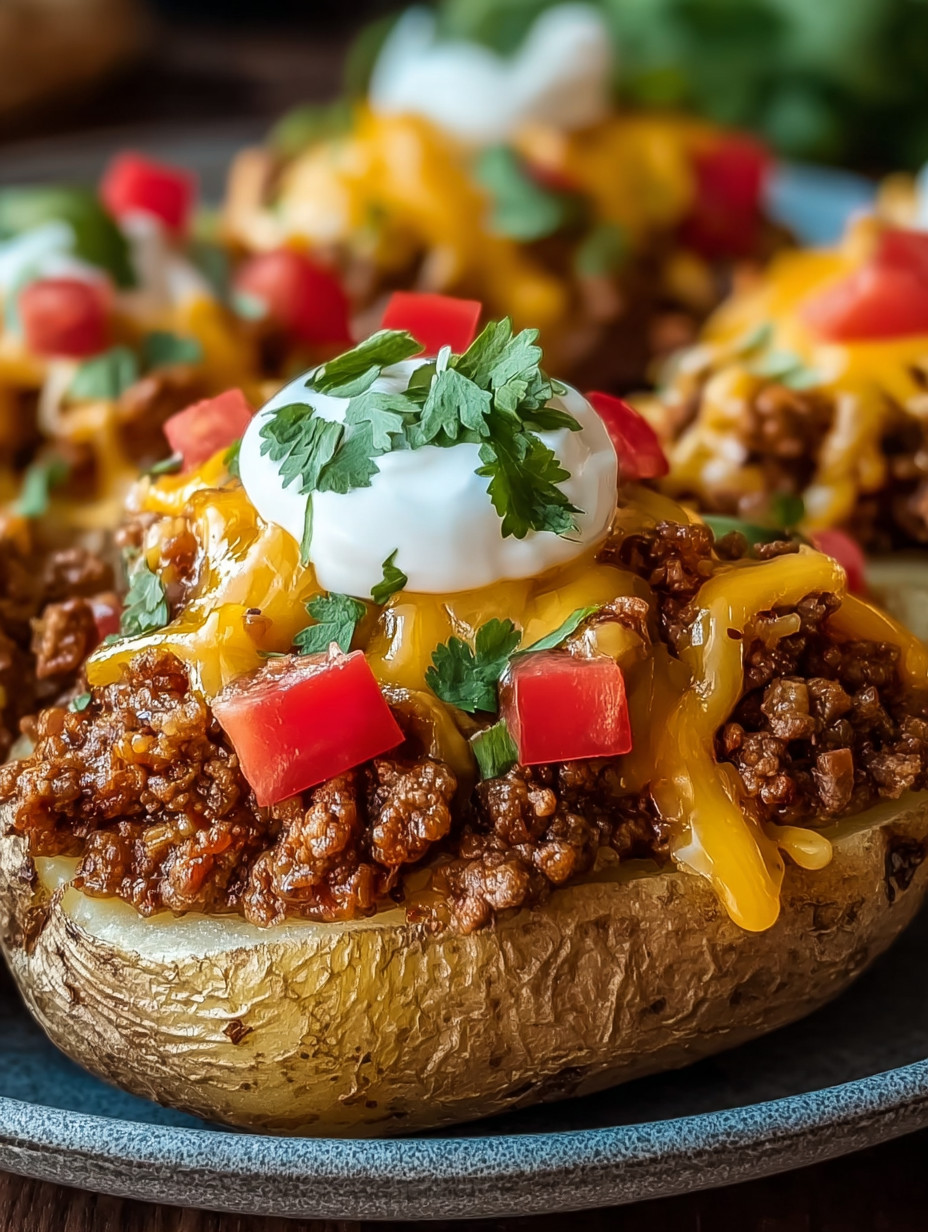 A plate of food with a baked potato and meat on top.