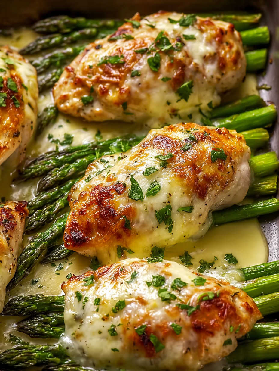 Chicken with cheese and asparagus.