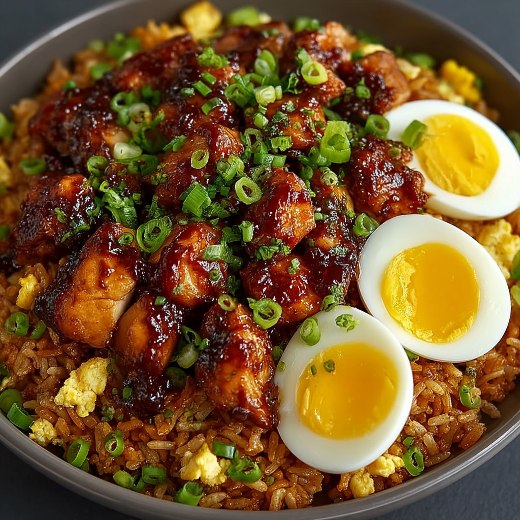 A bowl of food with eggs and meat.