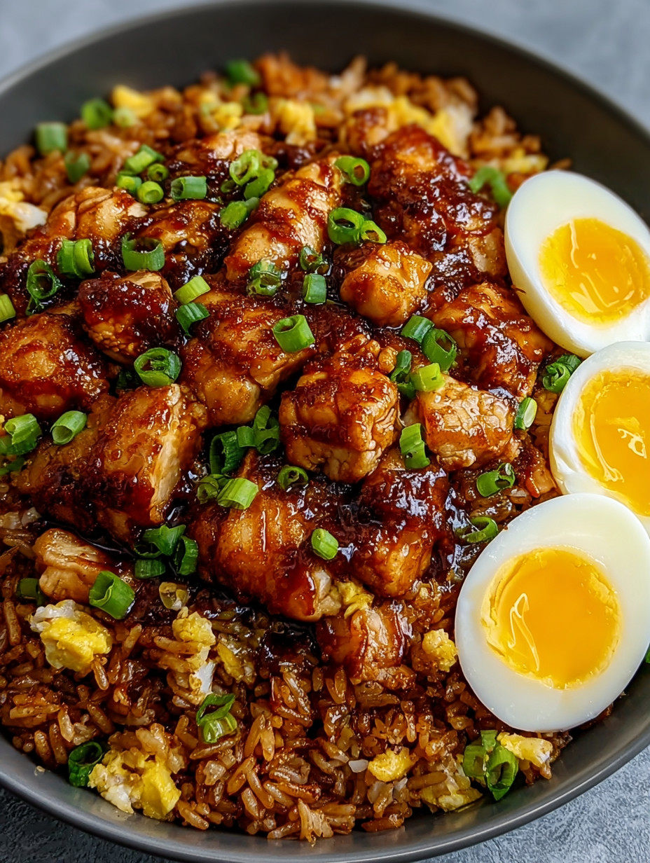 A bowl of rice with meat and eggs.