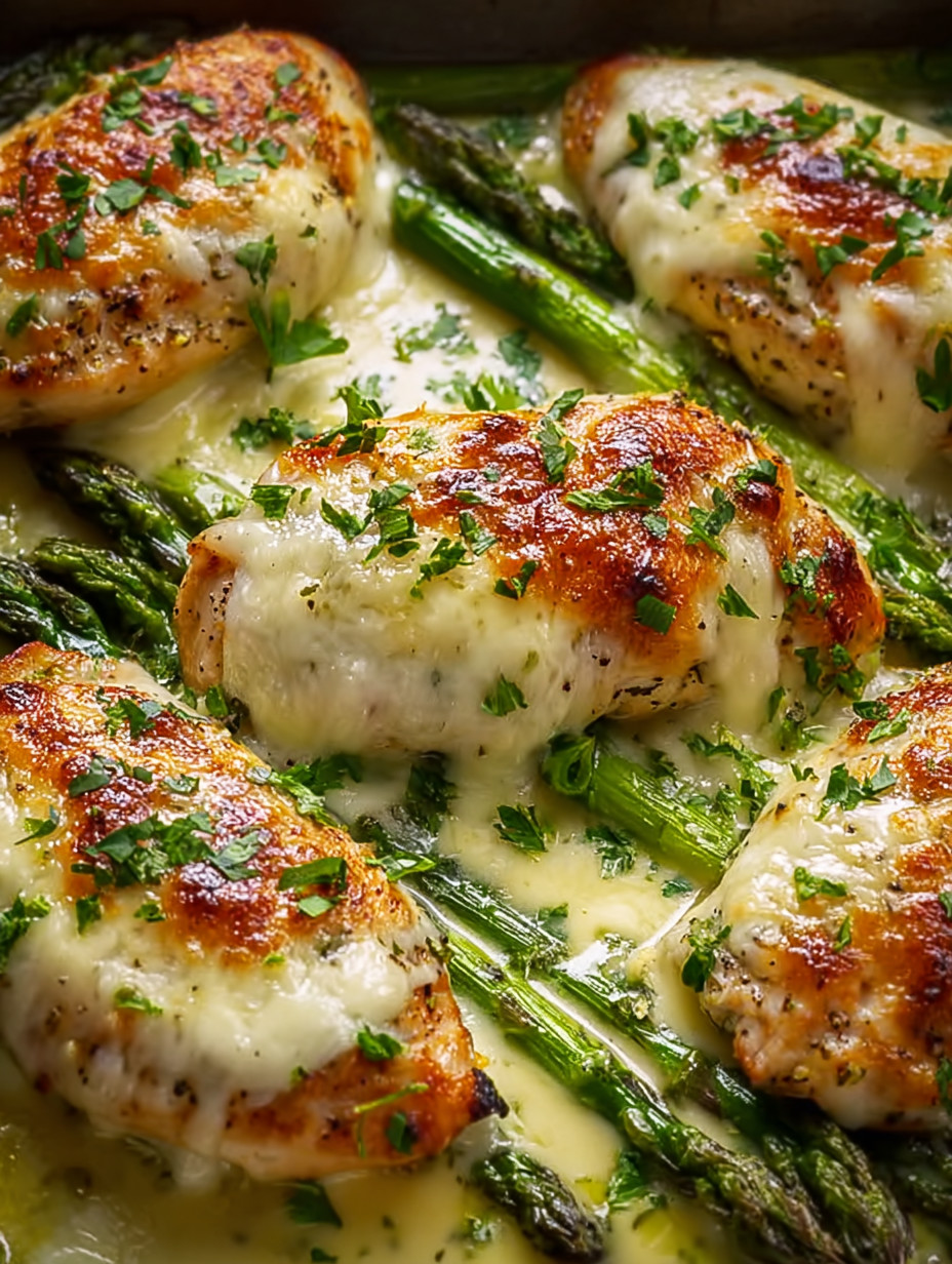 Chicken with cheese and asparagus.