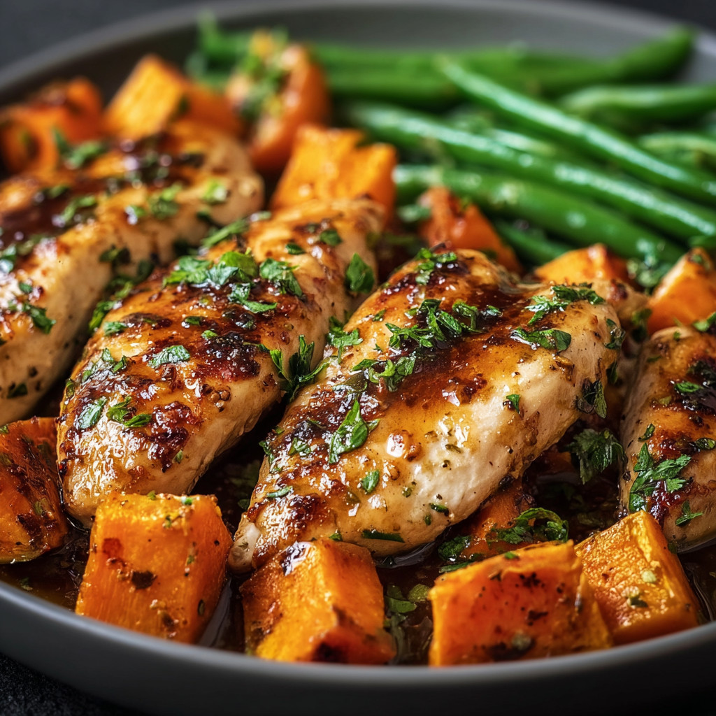 A plate of chicken and vegetables.