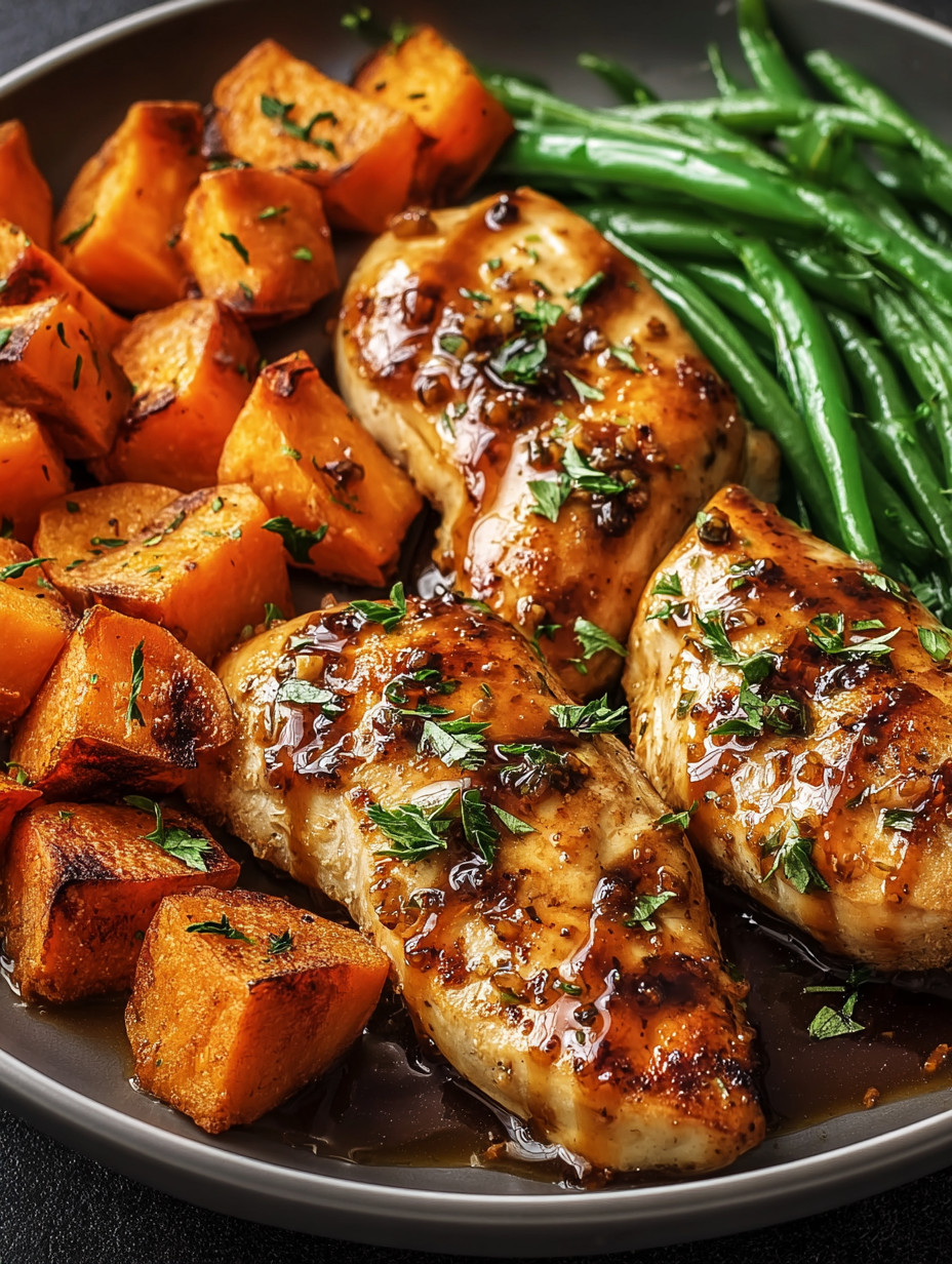 Chicken with sauce and green beans.