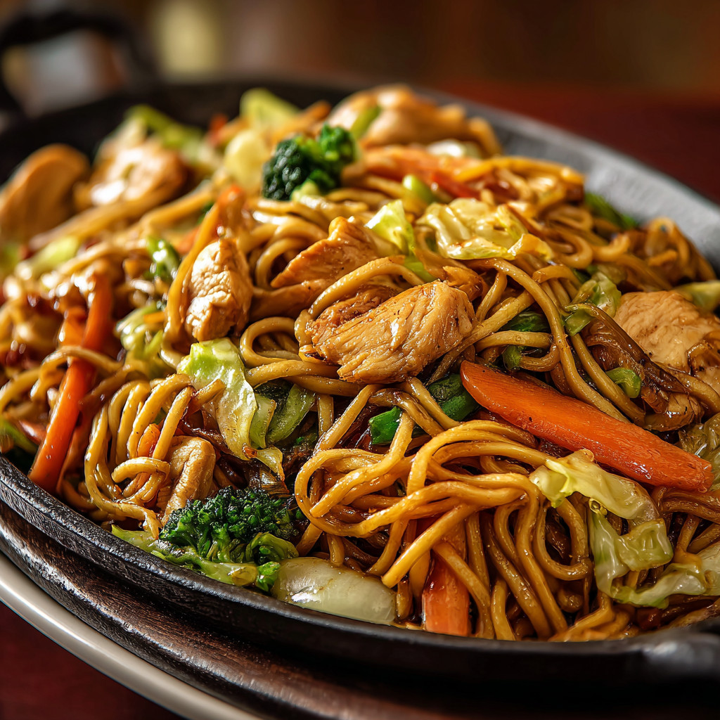 A plate of noodles with vegetables.