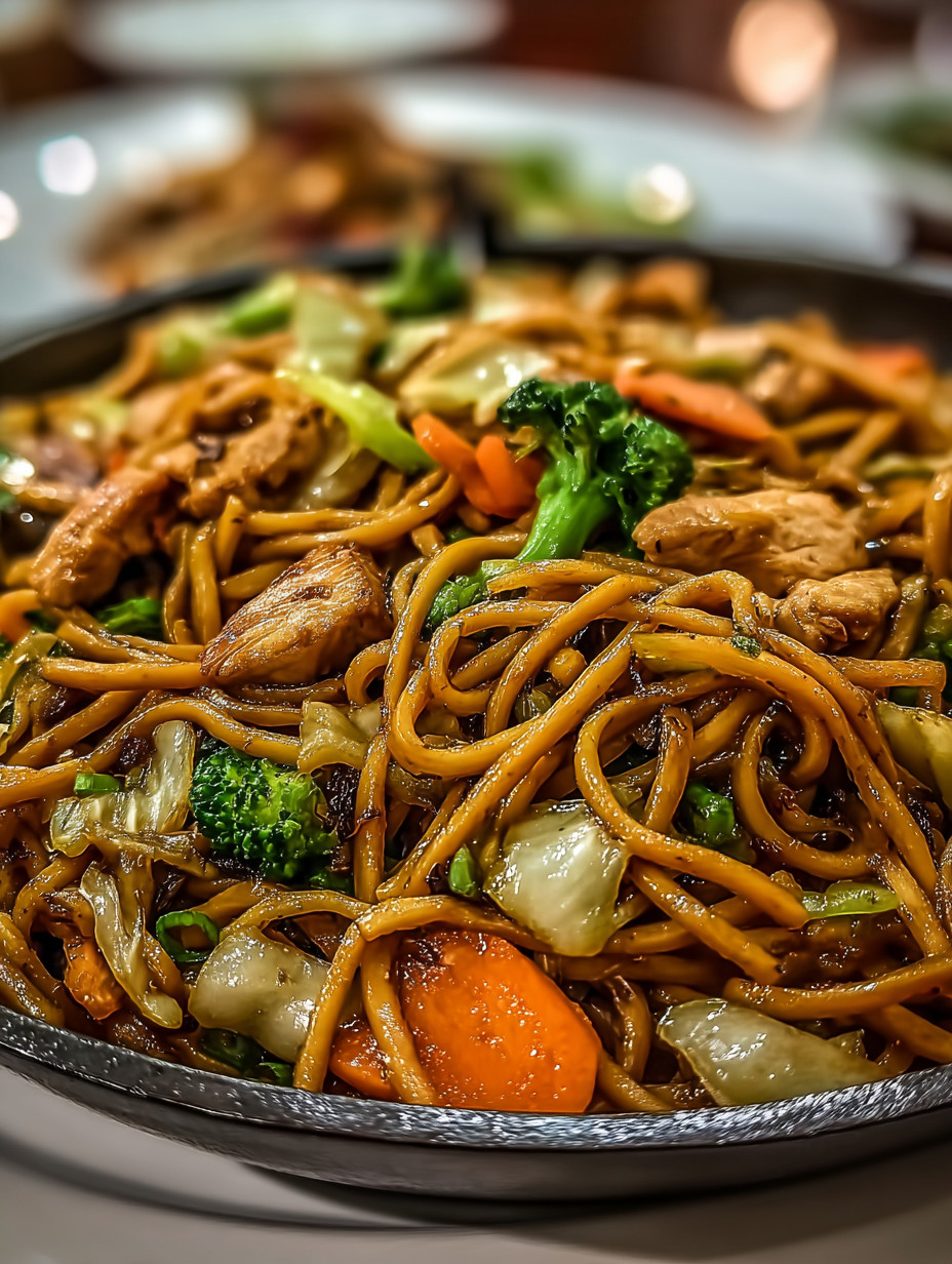 A plate of Chinese food with noodles, broccoli, carrots, and chicken.