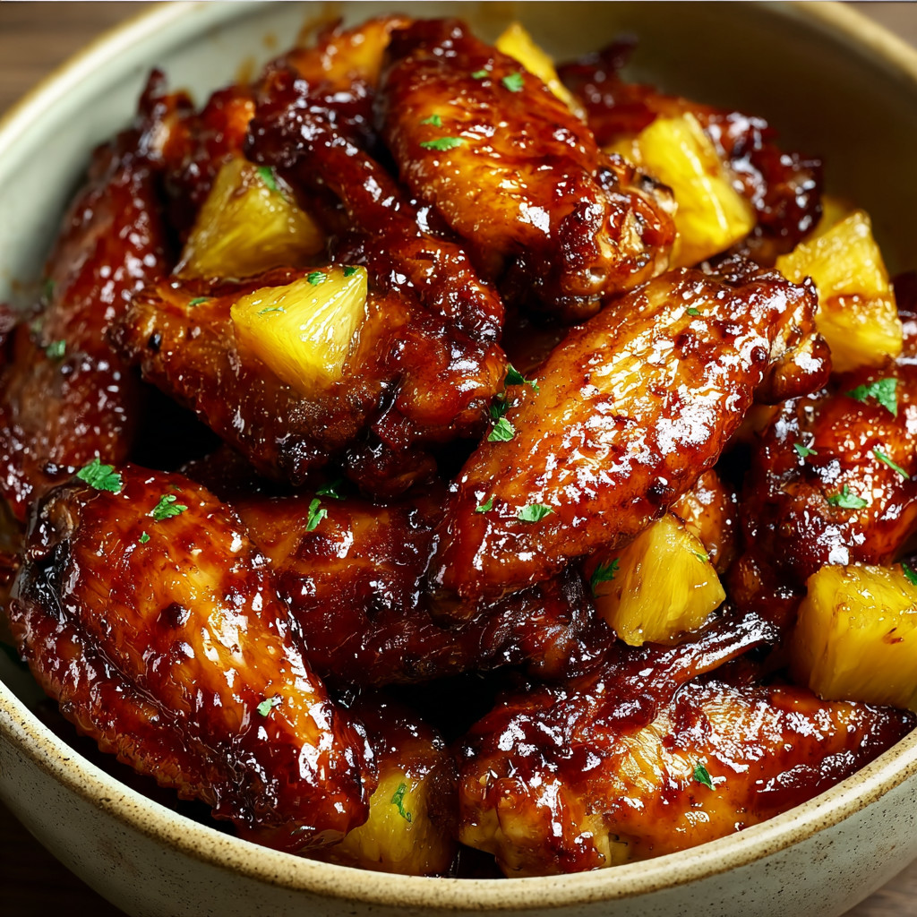 A bowl of chicken wings with pineapple.