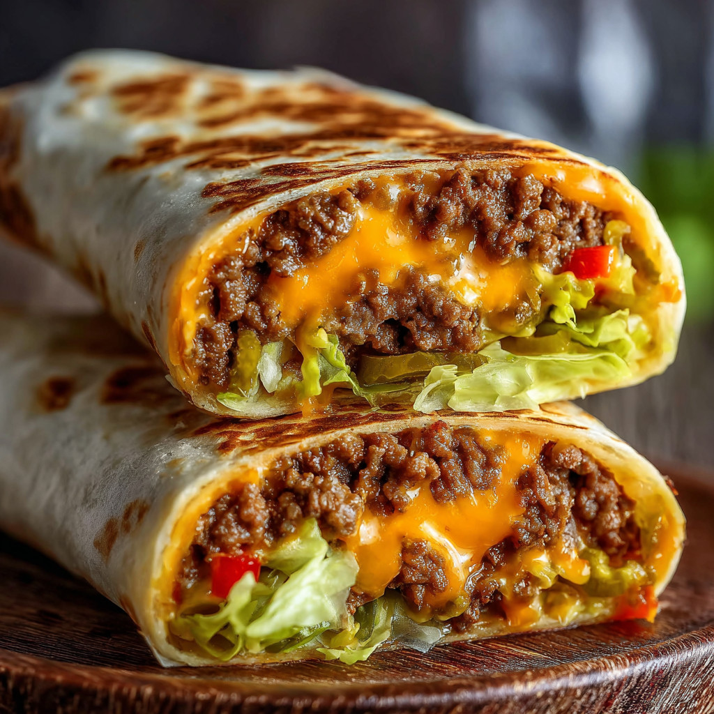A burrito with cheese and meat on a wooden table.