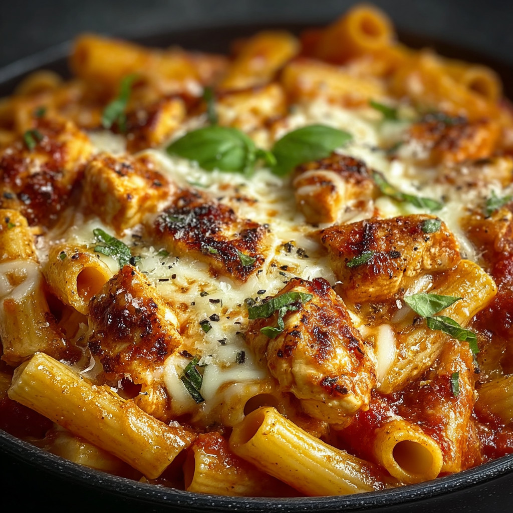 A bowl of pasta with chicken and cheese.