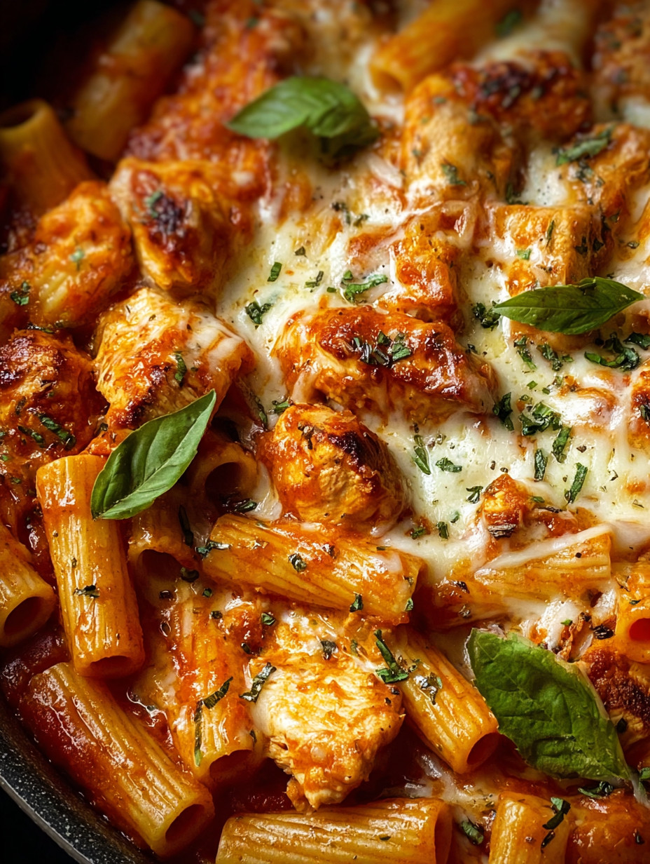 A plate of food with chicken and pasta.