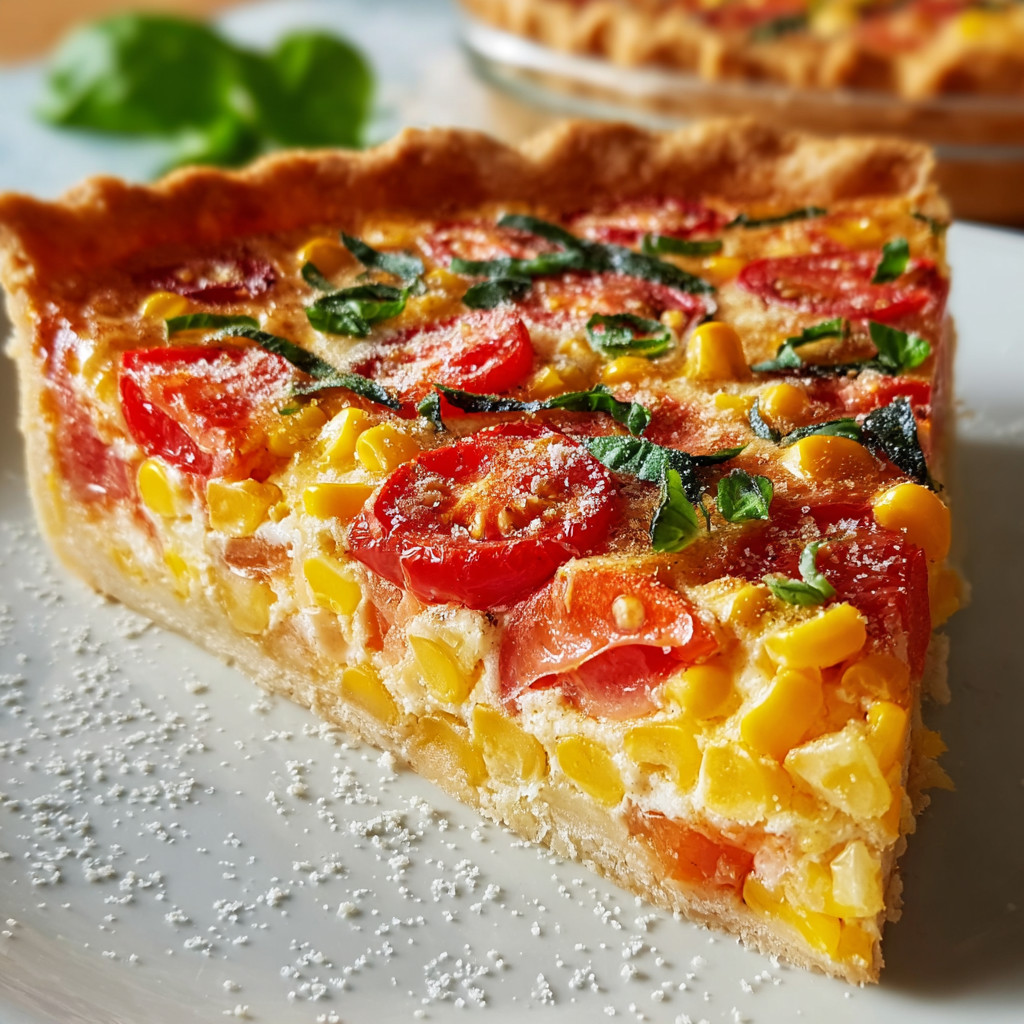A slice of pizza with corn and tomatoes.