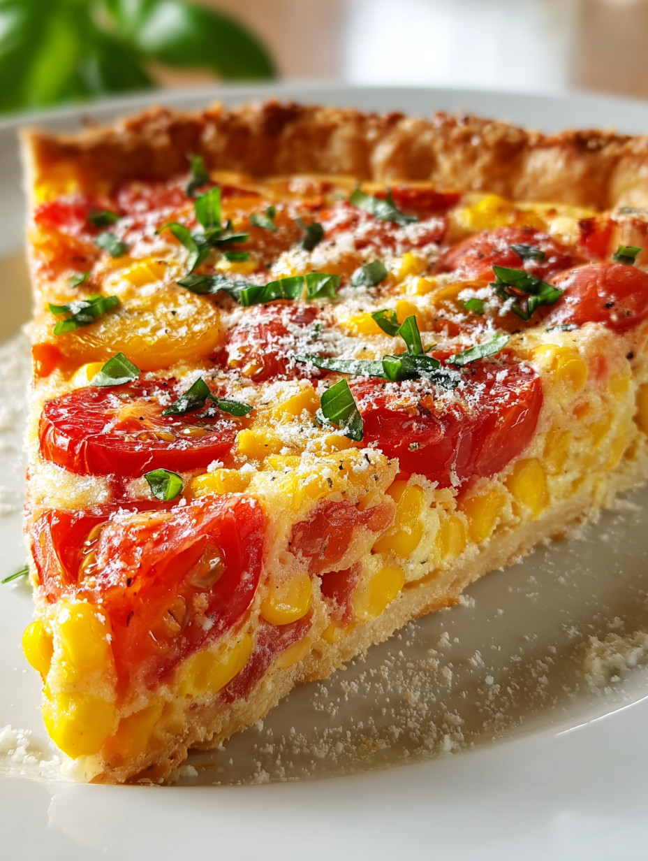 A slice of pizza with tomatoes and corn.