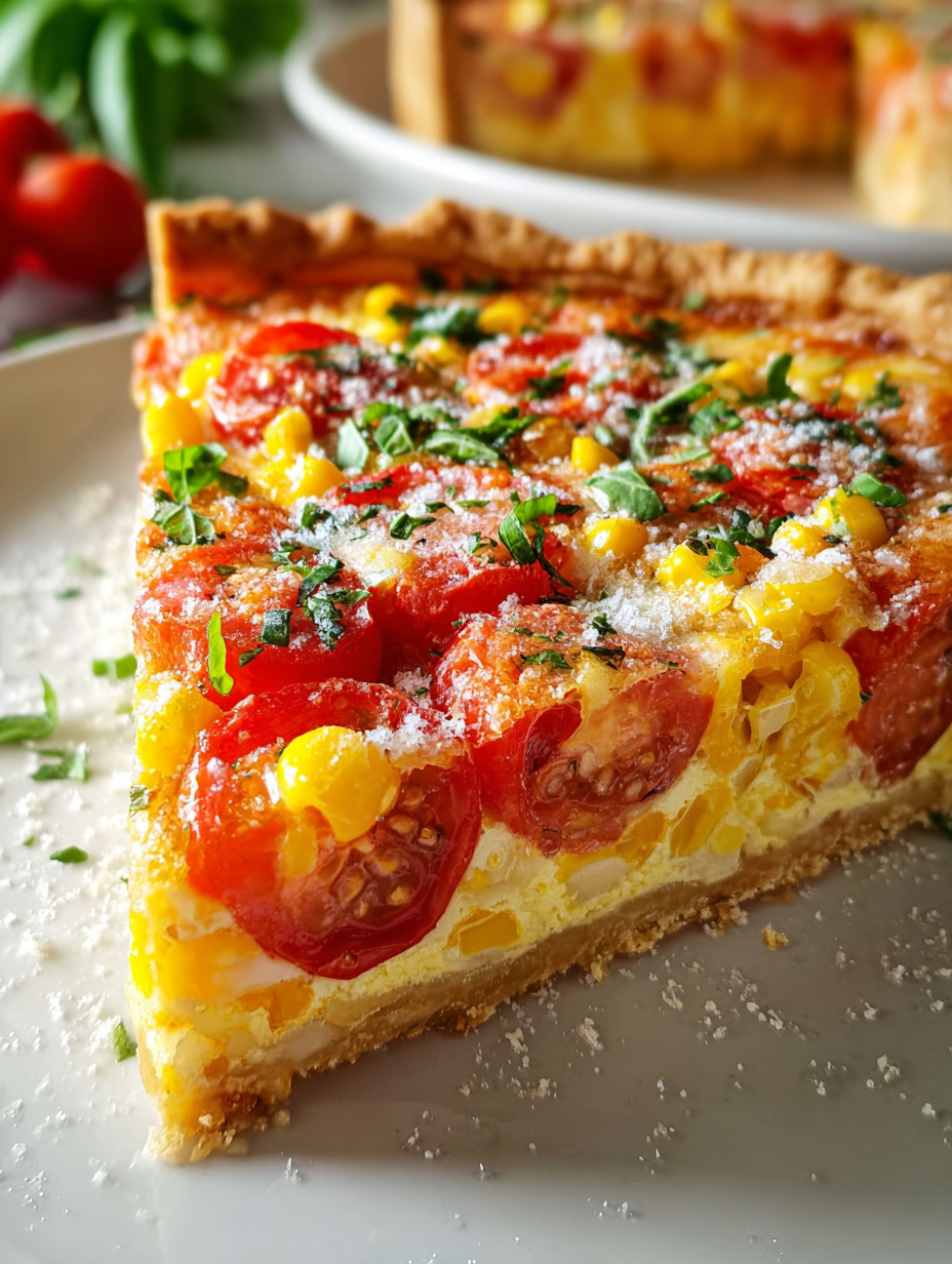 A slice of pizza with tomatoes and corn.