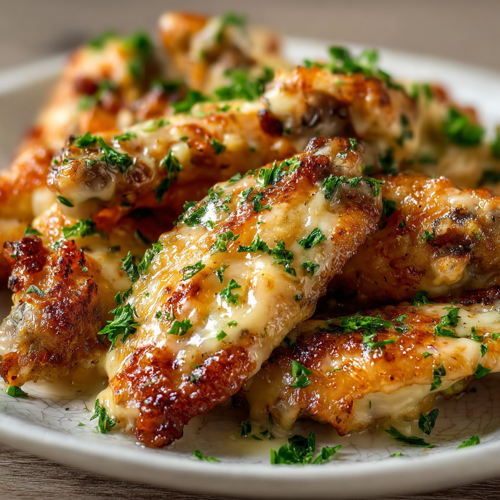 A plate of chicken wings with cheese and herbs.
