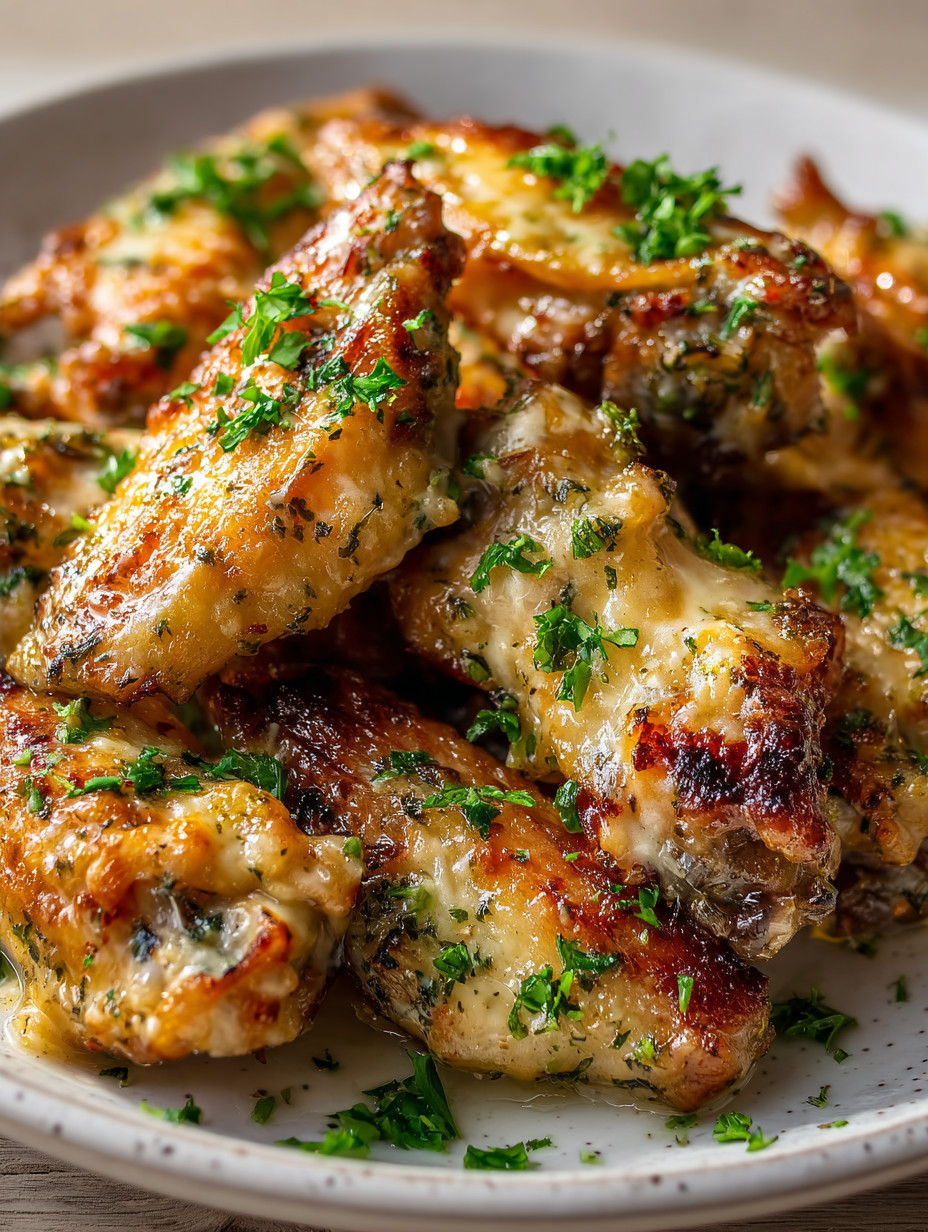 A plate of chicken wings with parsley.