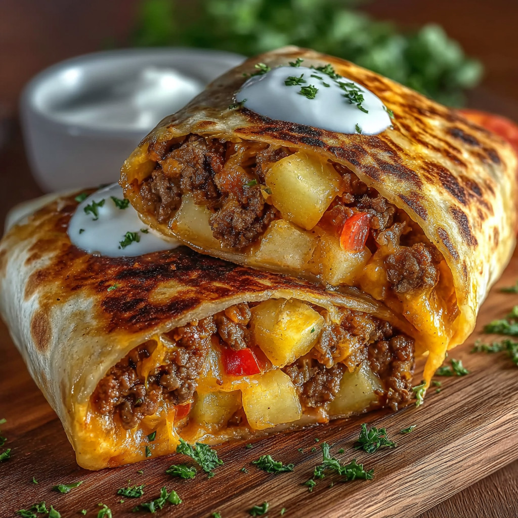 A burrito with white sauce on top.