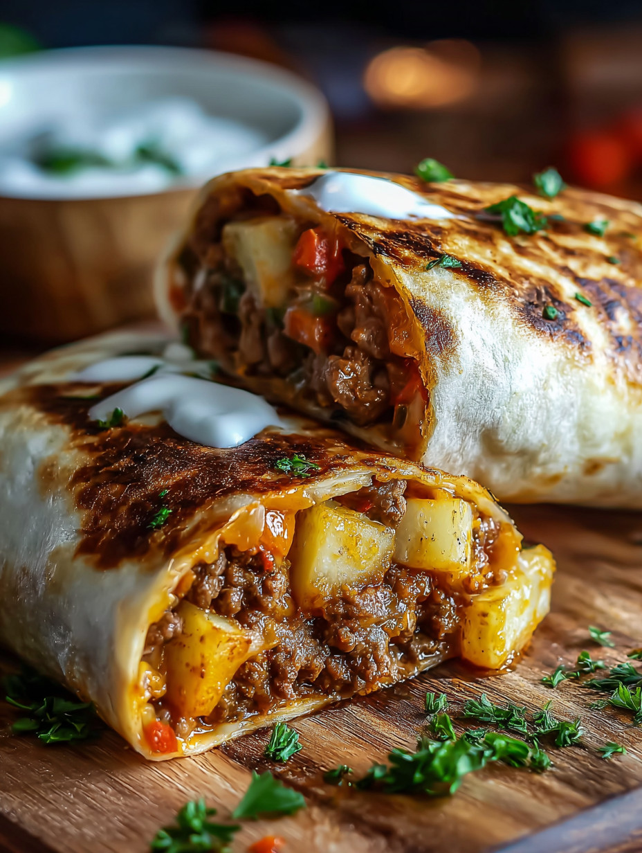 Two burritos with meat and vegetables on a table.