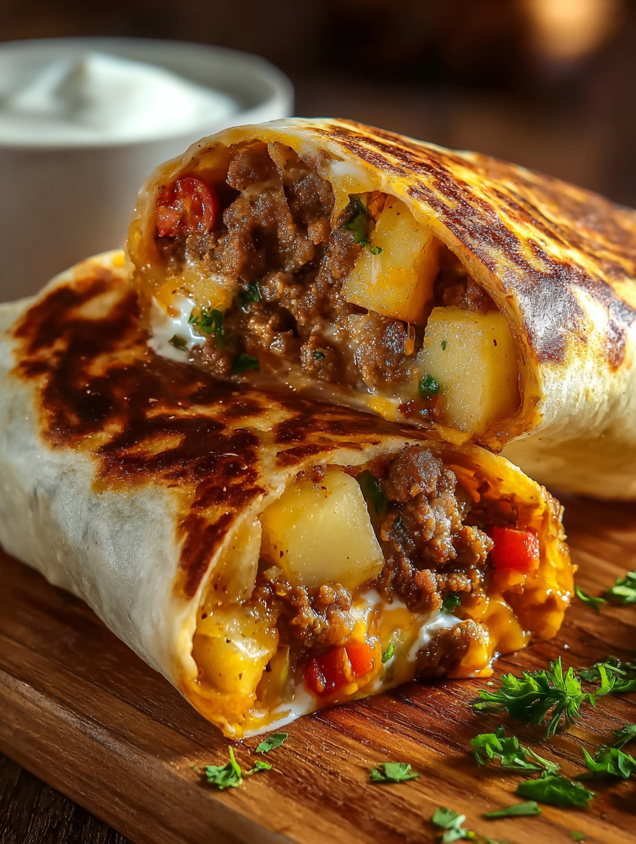 A burrito with meat and potatoes.