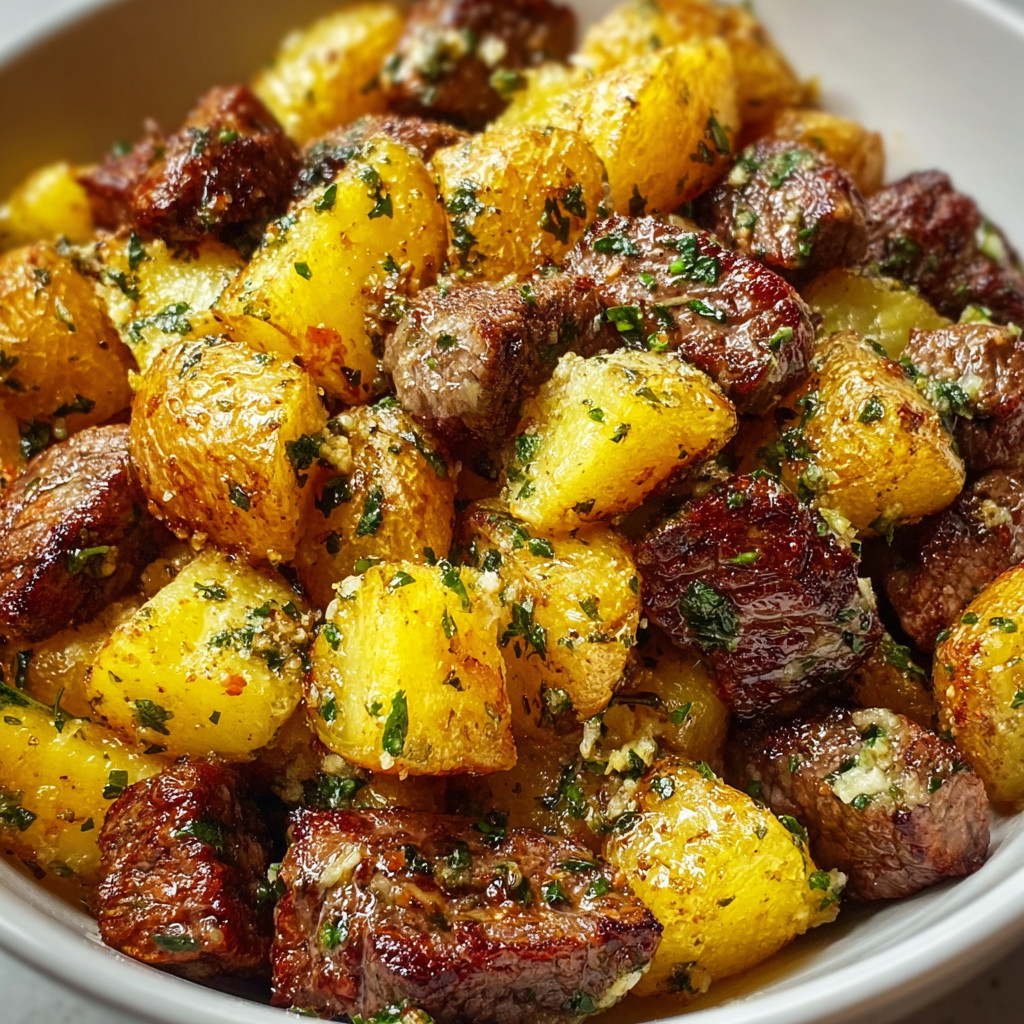 A bowl of meat and potatoes.