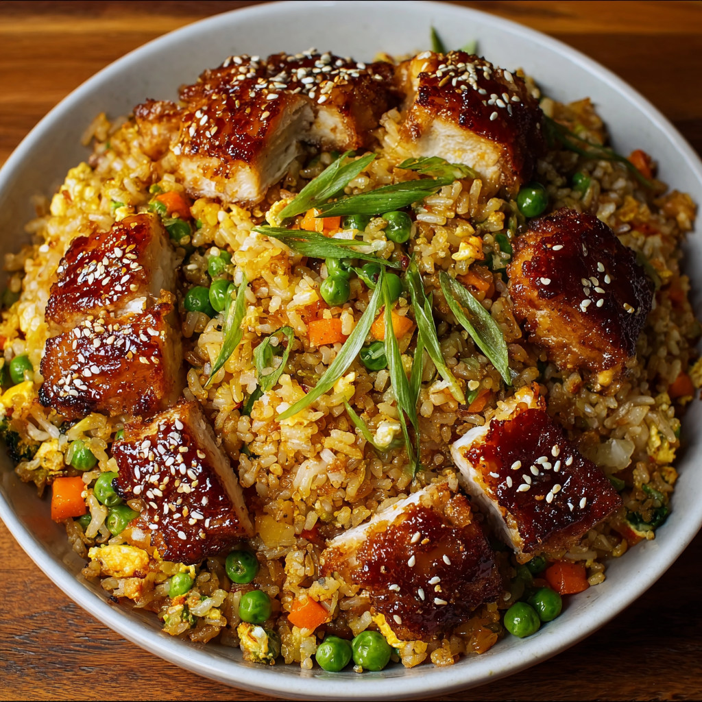 A bowl of rice with meat and vegetables.