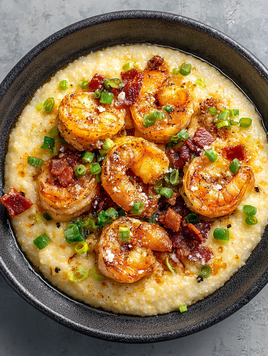 A bowl of grits with shrimp and bacon.