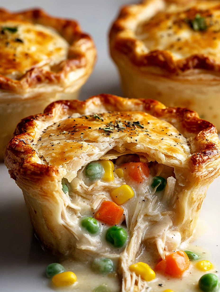 A close up of a pastry with a filling of chicken and vegetables.