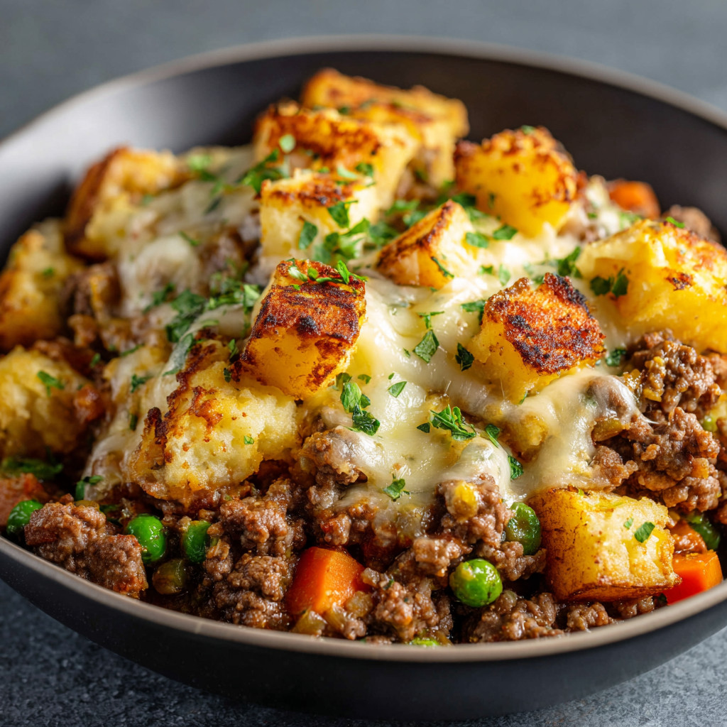 A bowl of food with cheese and potatoes.