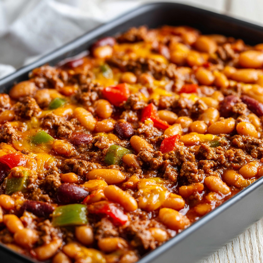 A black dish with beans and meat.
