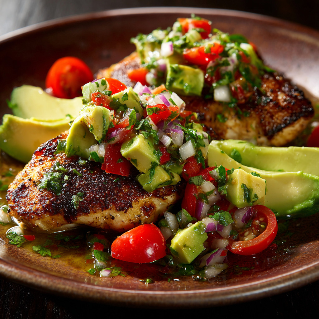A plate of food with chicken, tomatoes, and avocado.