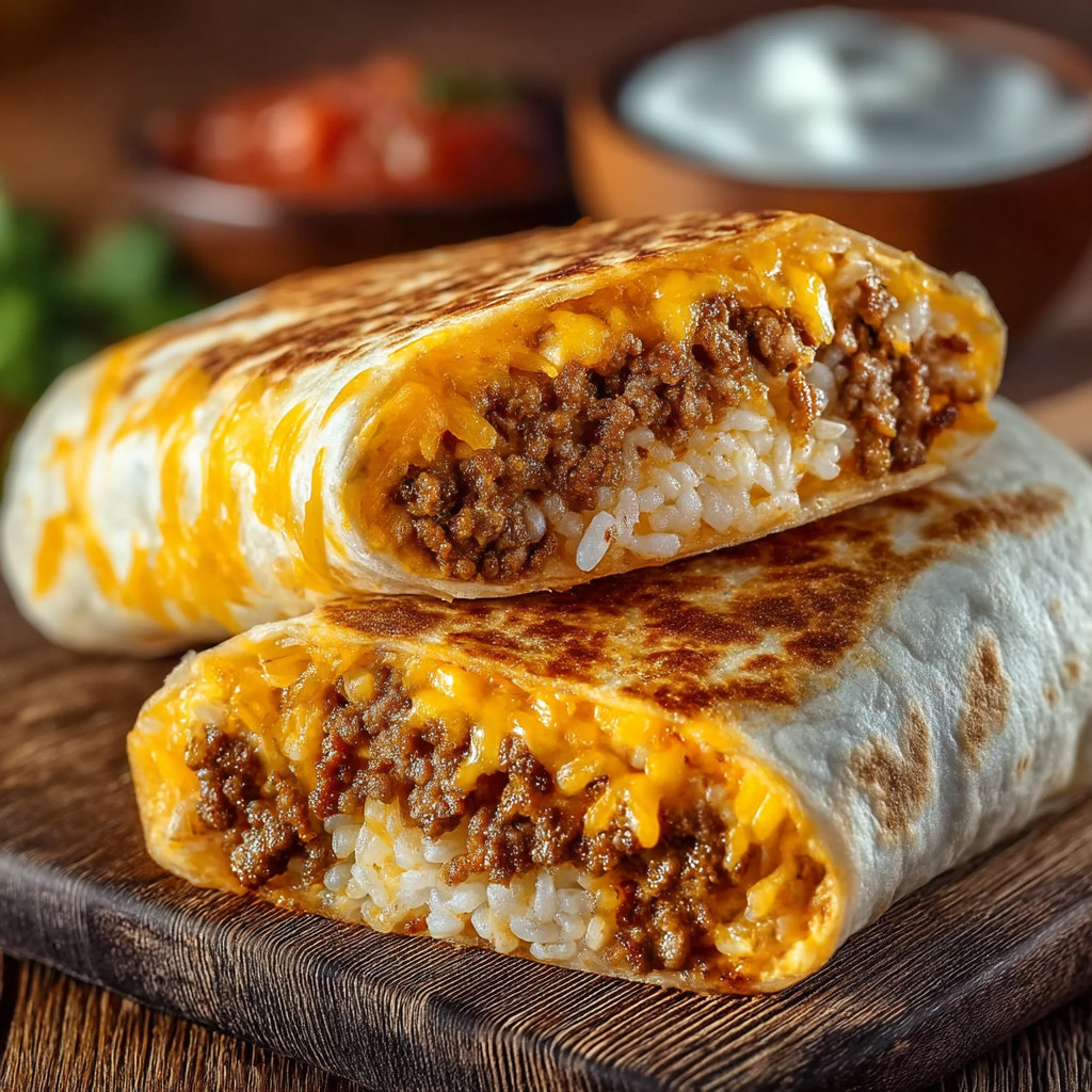 A burrito with rice and meat on a wooden table.