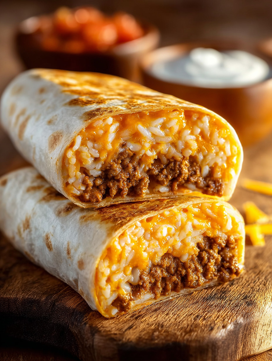 A burrito with rice and meat.