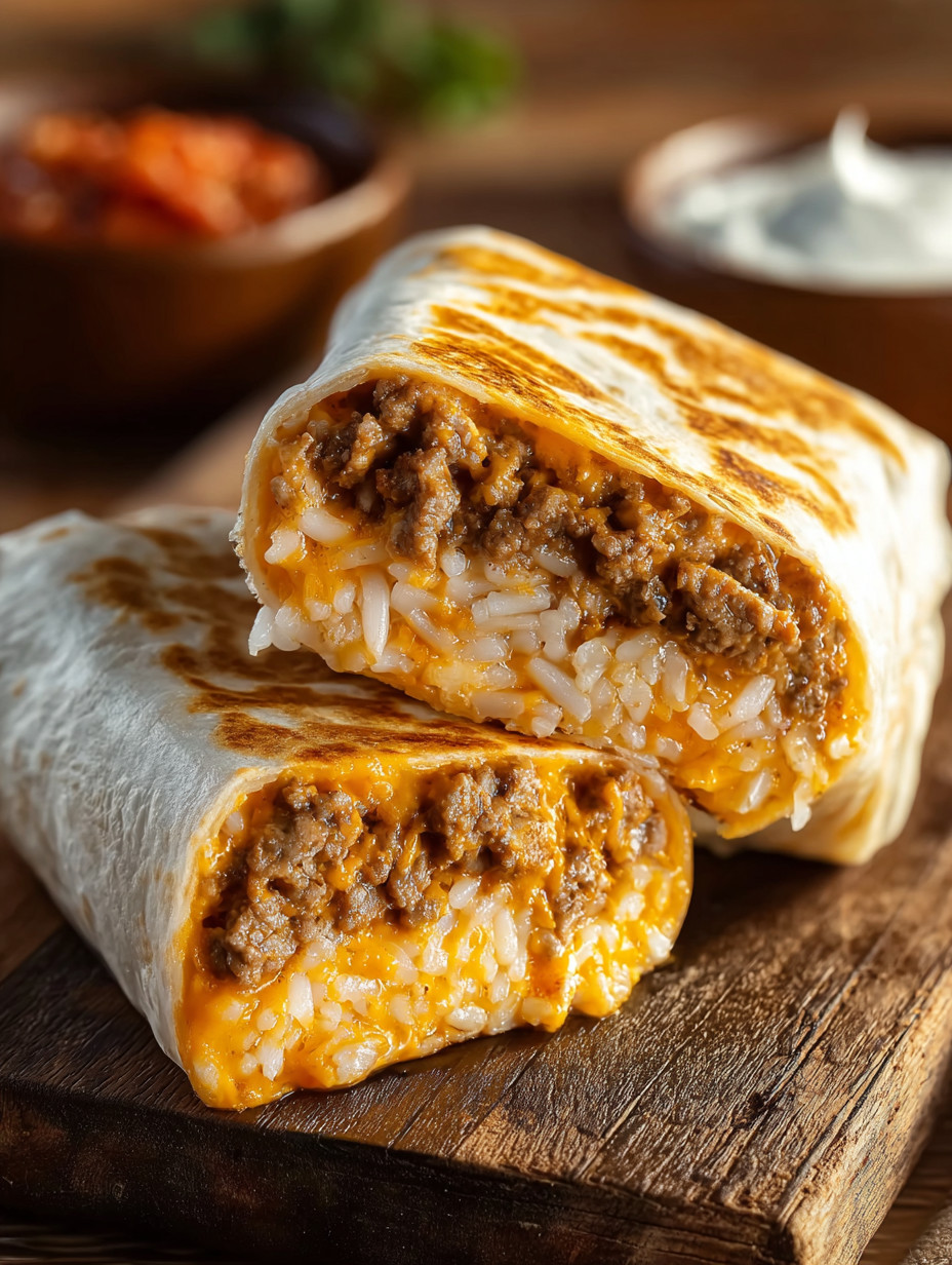 A burrito with rice and meat.