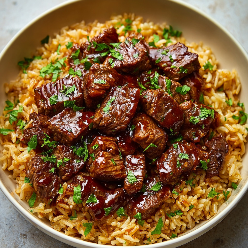 A bowl of beef and rice.