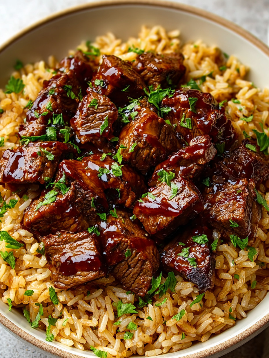 A bowl of rice with meat and sauce.