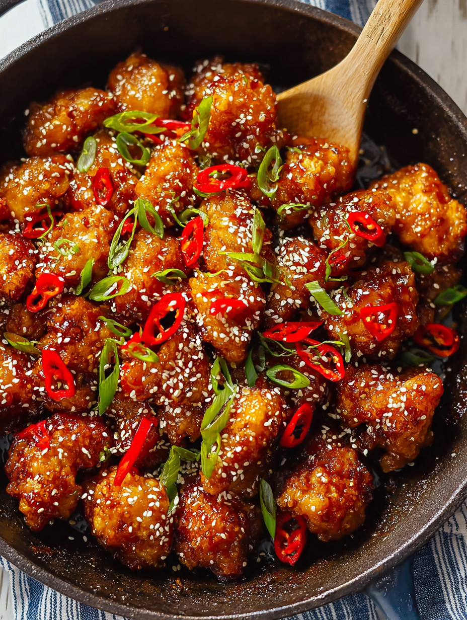 A bowl of chicken with red peppers and sesame seeds.