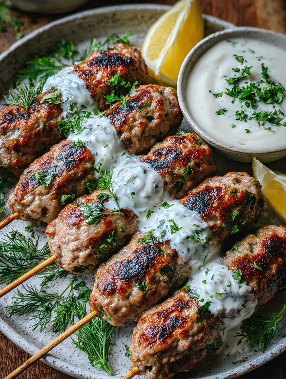 Skewers of meat with sauce and lemon wedges.