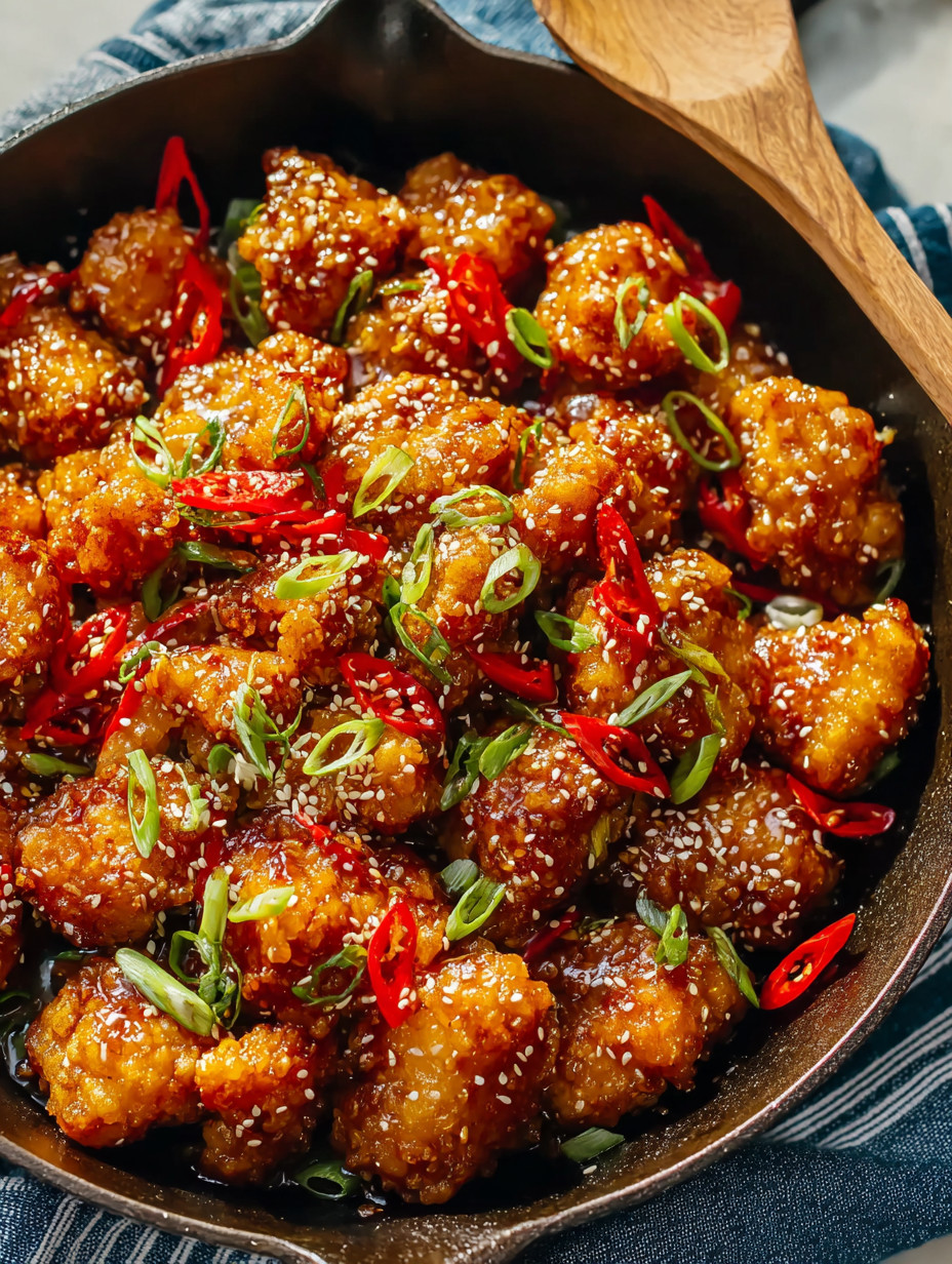 A bowl of chicken with red peppers and onions.