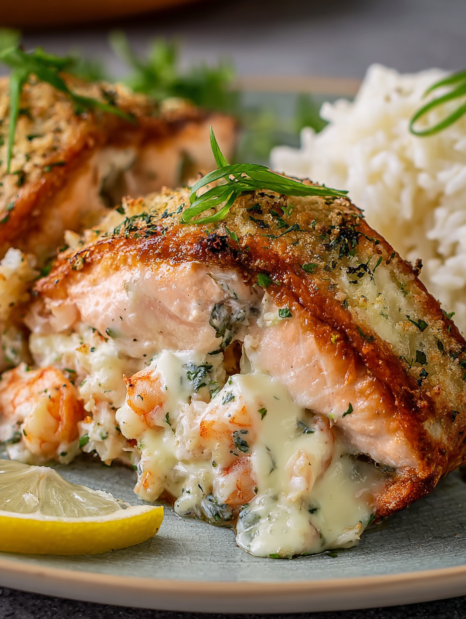 A piece of fish with rice and a lemon wedge.