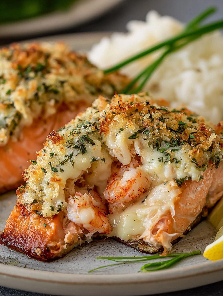 A piece of fish with shrimp on top.