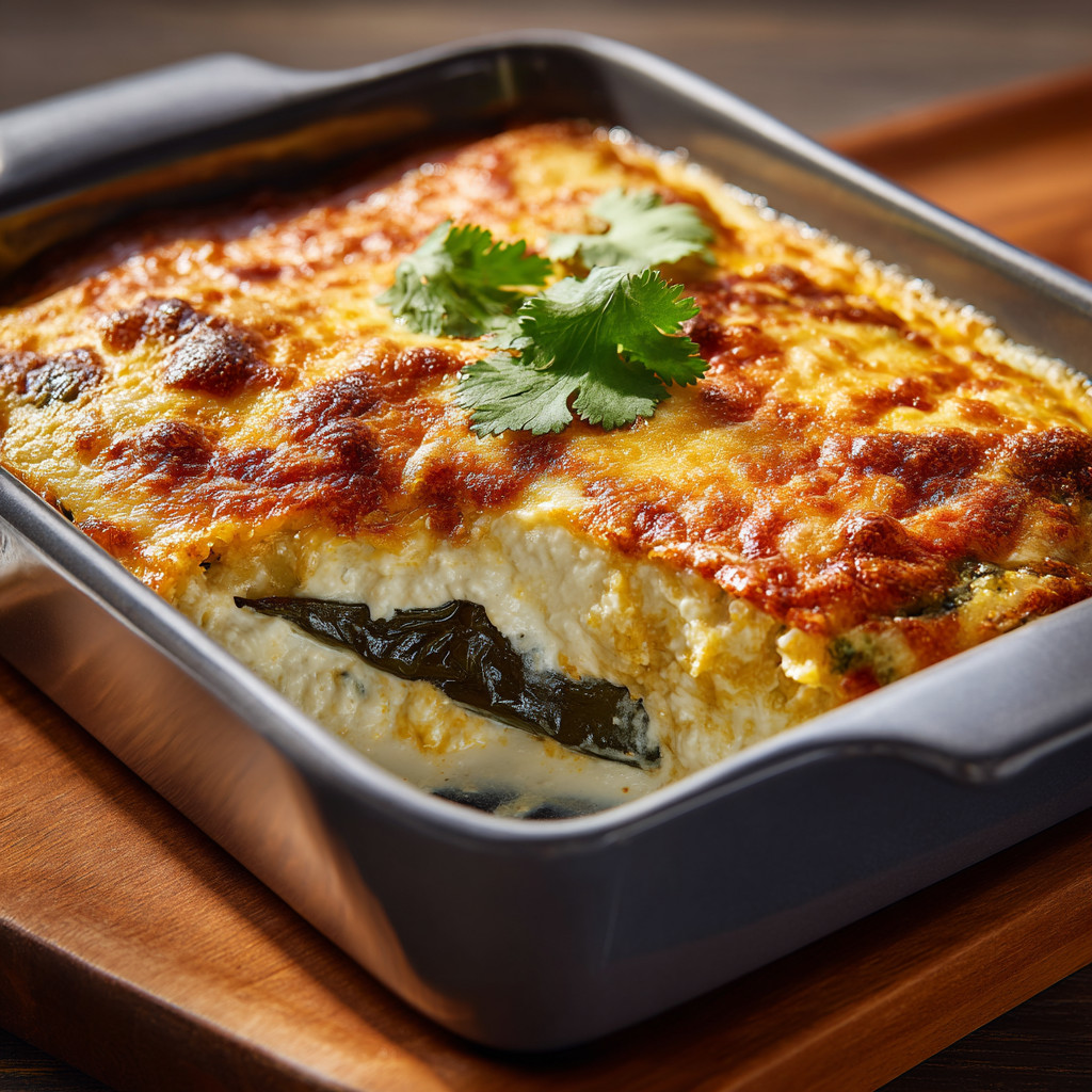 A casserole dish with a green vegetable on top.