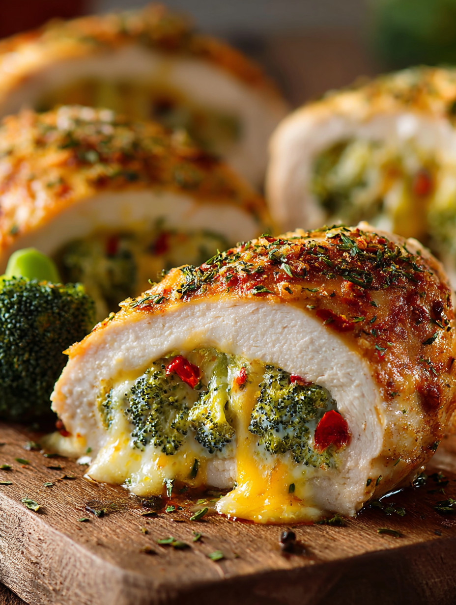 A piece of chicken with broccoli and cheese.