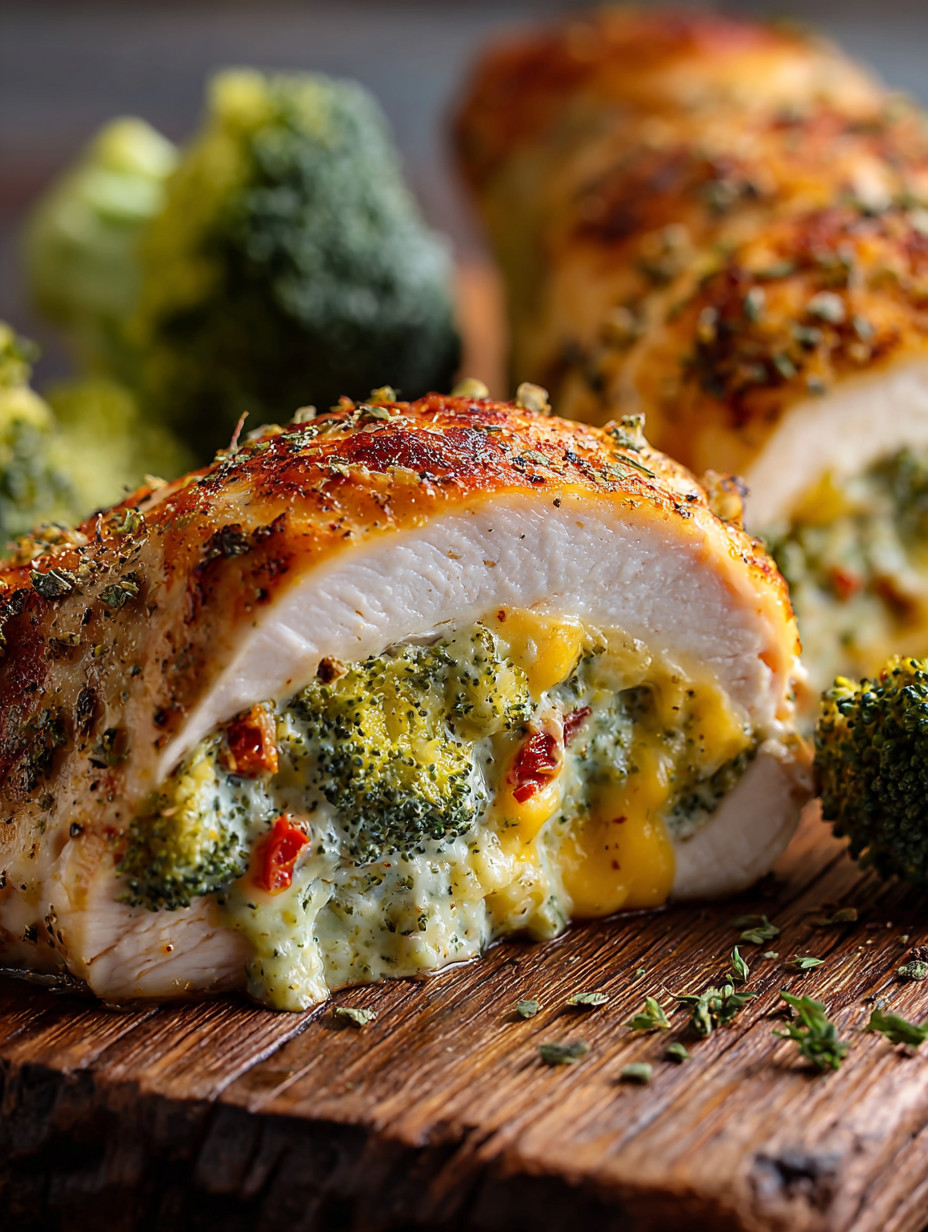 A piece of chicken with broccoli and cheese.