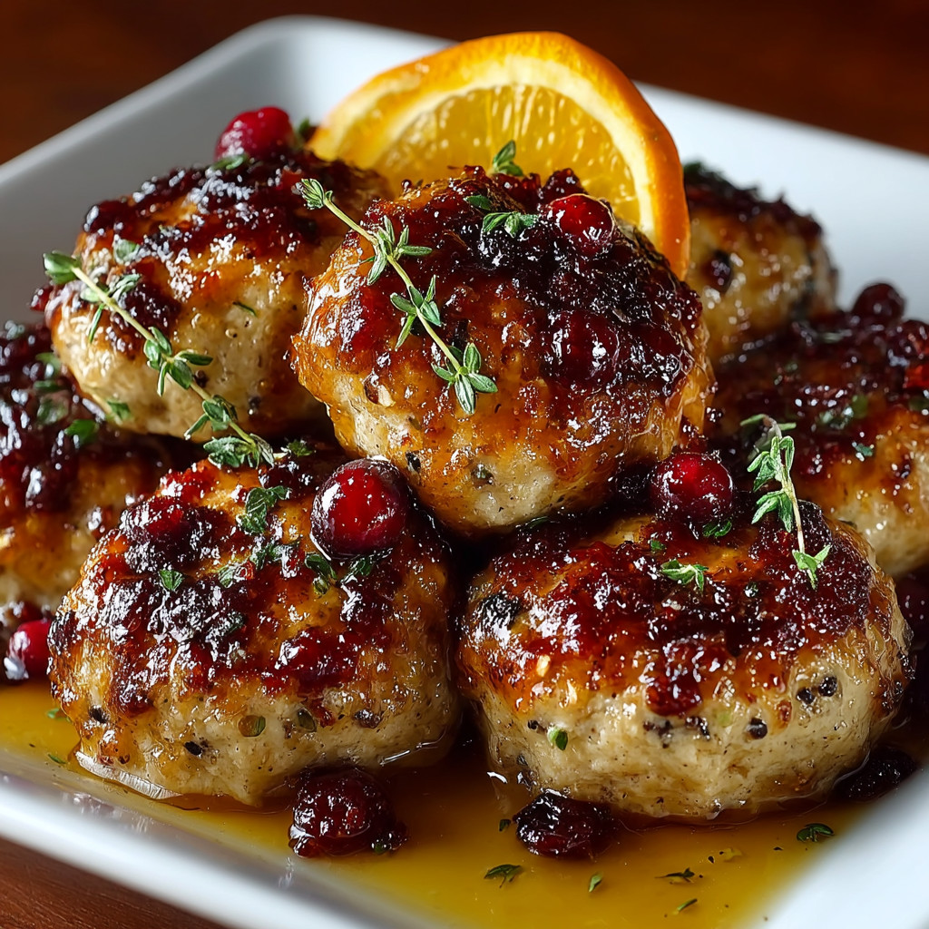 A plate of meatballs with a slice of orange on top.
