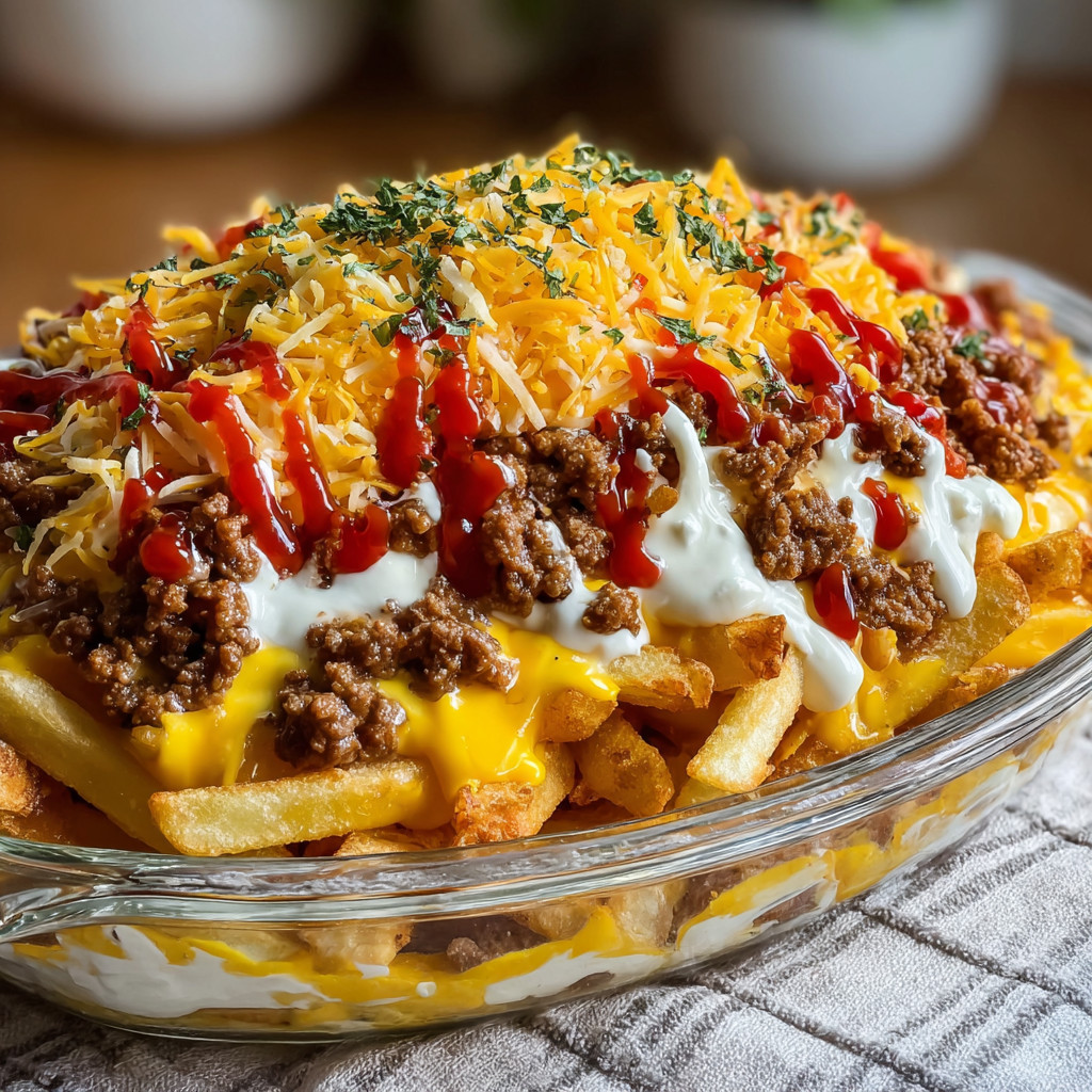 A plate of food with cheese and ketchup on top.