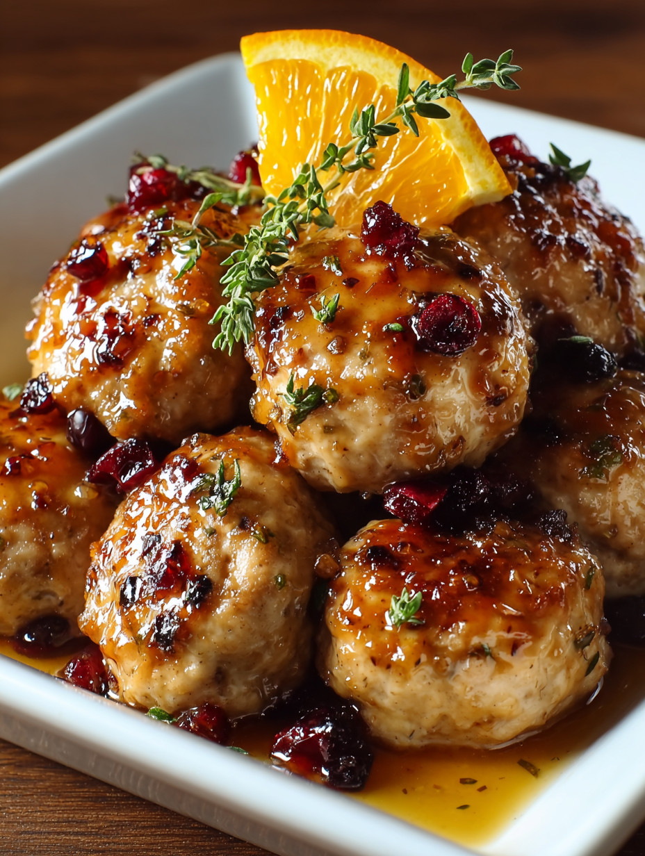 A plate of meatballs with a slice of orange on top.