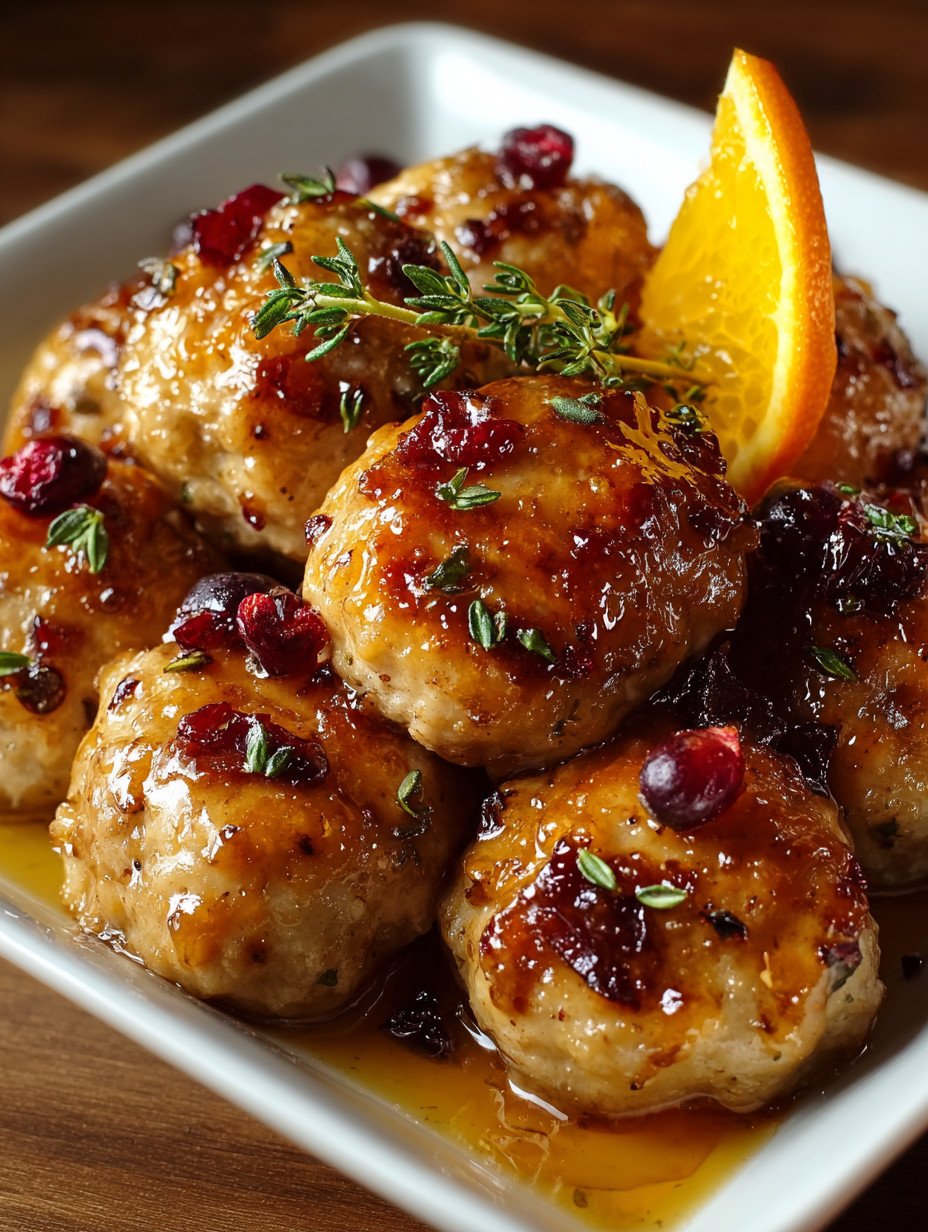 A plate of meatballs with a slice of orange on top.