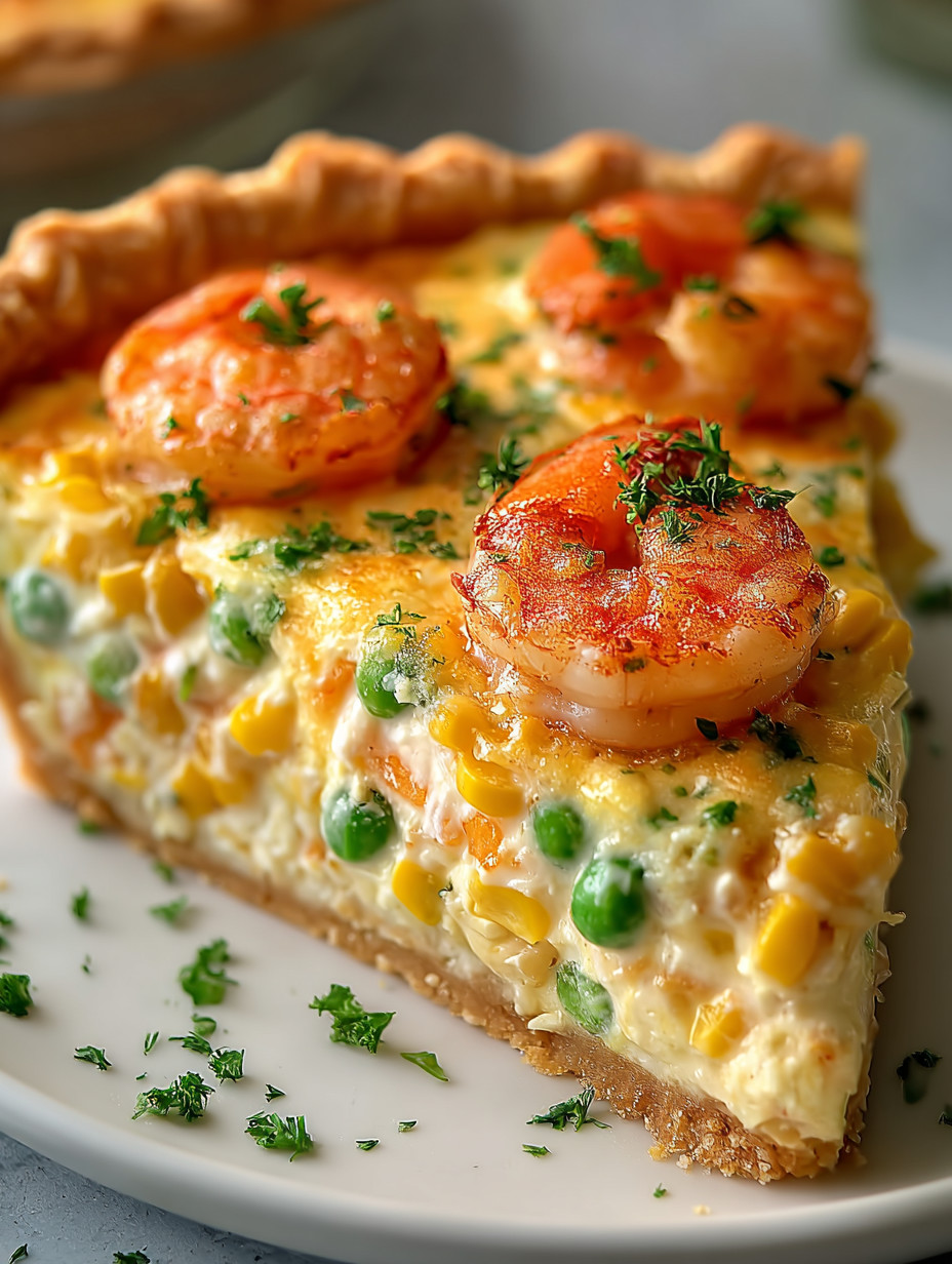 A slice of shrimp and corn pizza.