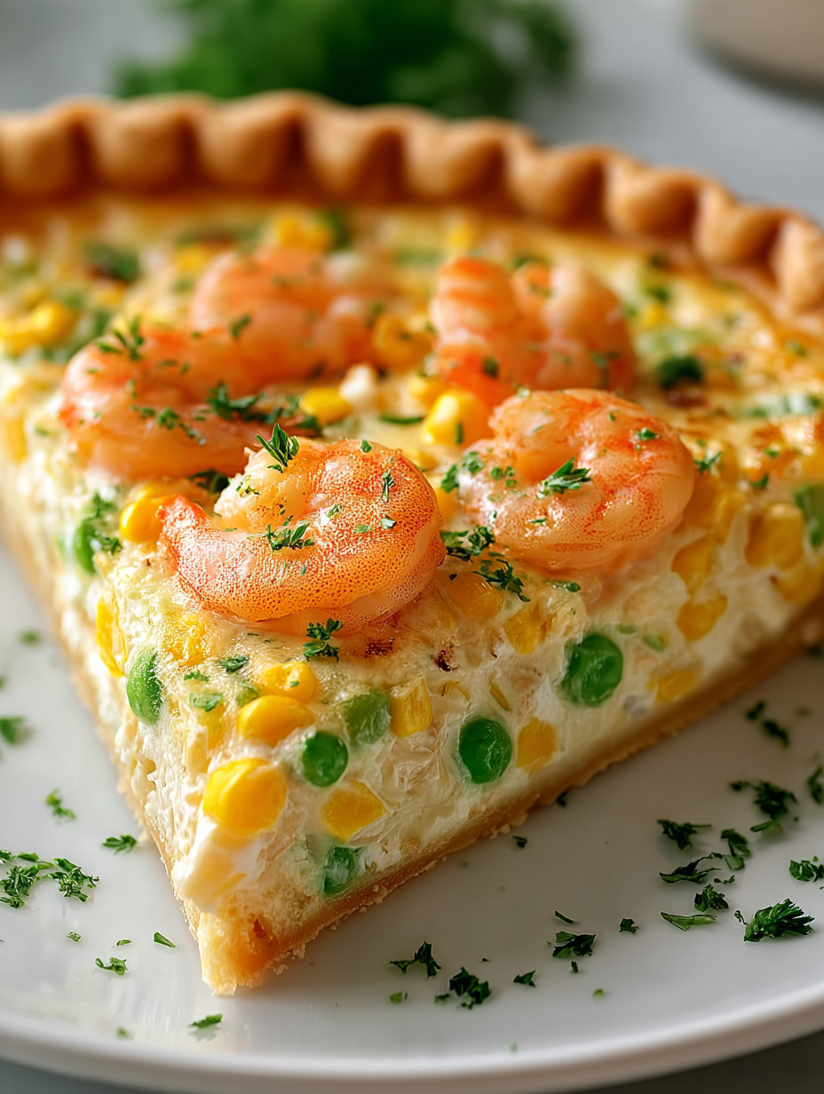 A slice of shrimp and corn pizza.