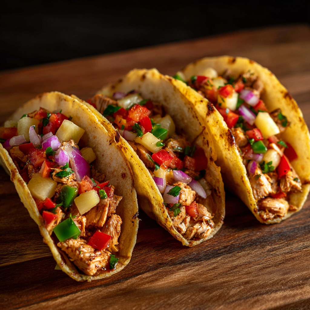Three tacos with meat and vegetables on a wooden table.