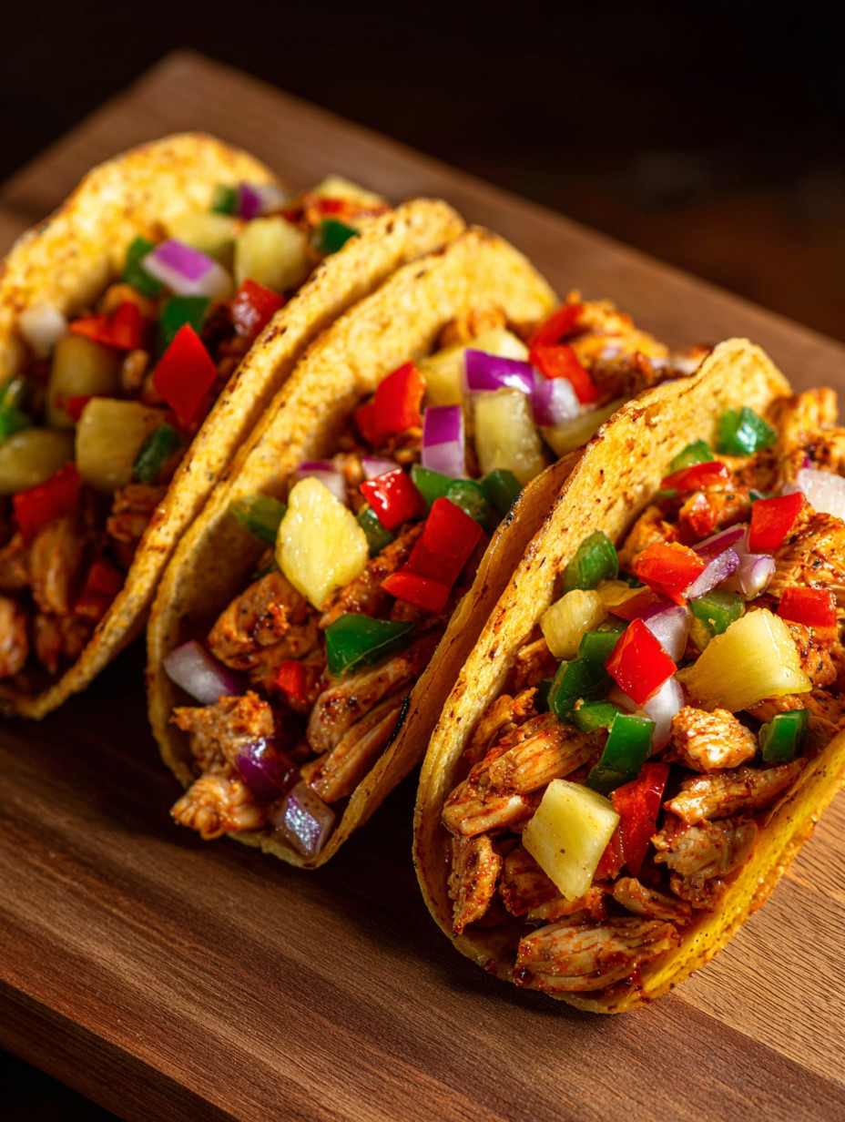 Two tacos with chicken and pineapple.